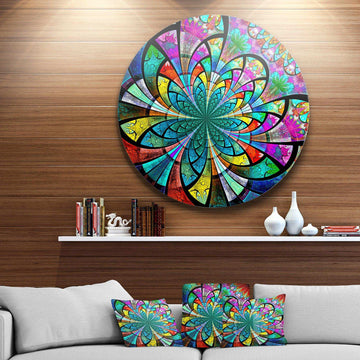 Multi Color Large Fractal Flower Pattern - Floral Round Metal Wall Art